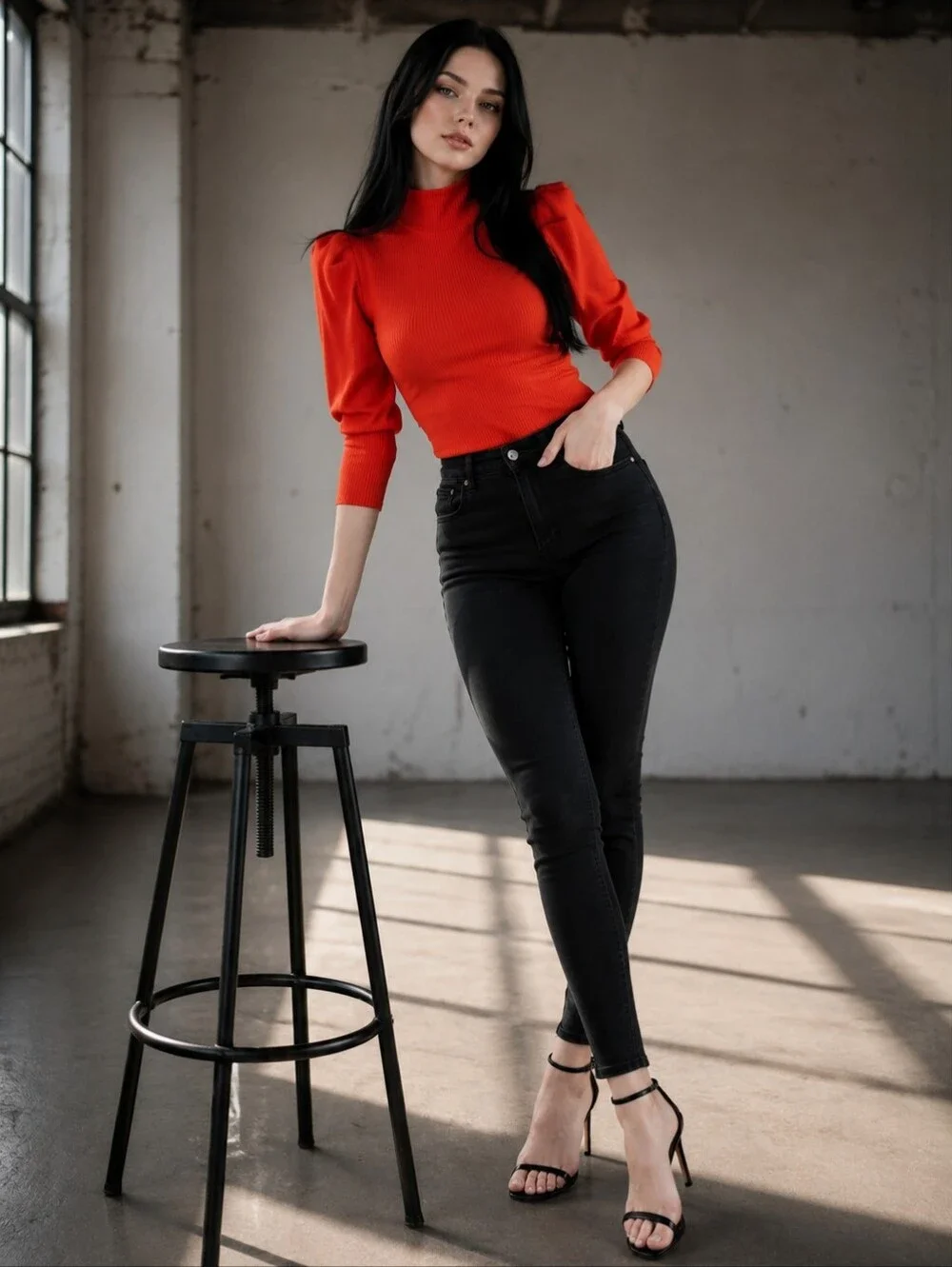 Free People XS Red Ribbed Puff Sleeve Turtleneck Top Romantic Femme CC